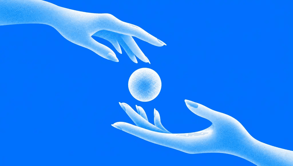 One hand passing a glowing sphere to another, representing a company handing its data to an AI buyer