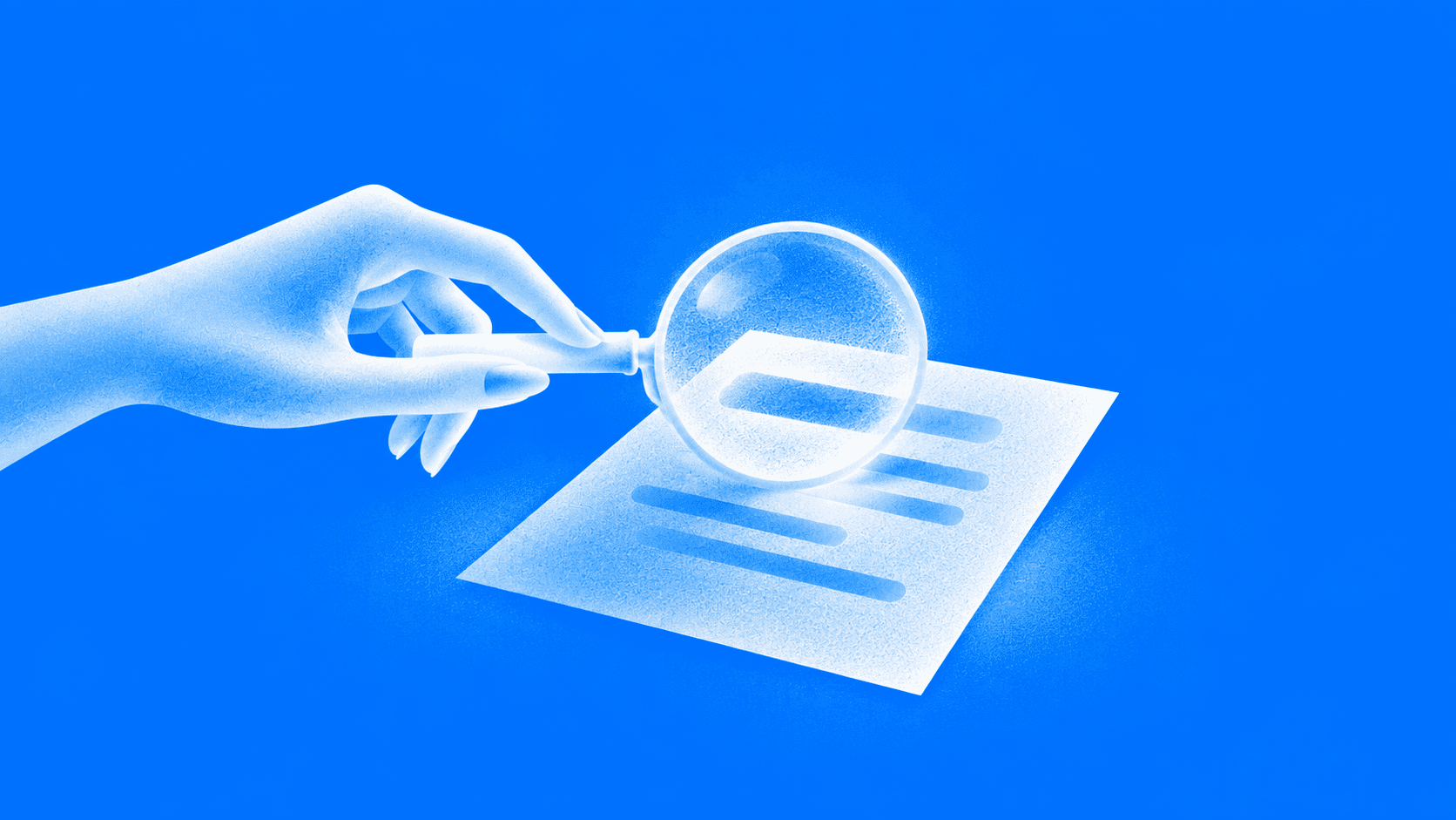A hand inspecting a redacted document with a magnifying glass, representing anonymisation before sale